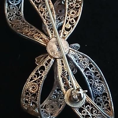 Vintage Amythyst rhinestone brooch -Filigree Sterling Silver Dainty Bow Brooch and a pair of vintage rose earrings