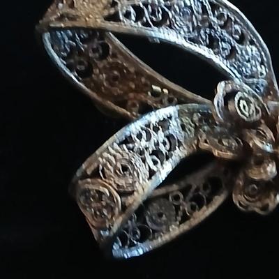 Vintage Amythyst rhinestone brooch -Filigree Sterling Silver Dainty Bow Brooch and a pair of vintage rose earrings
