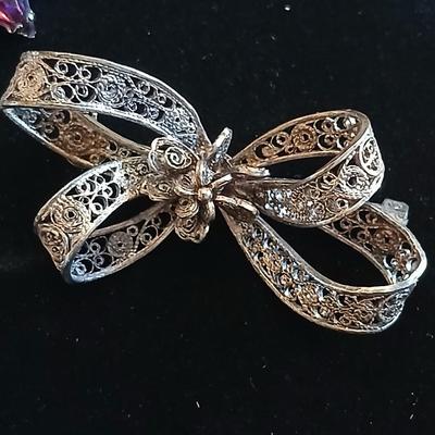 Vintage Amythyst rhinestone brooch -Filigree Sterling Silver Dainty Bow Brooch and a pair of vintage rose earrings