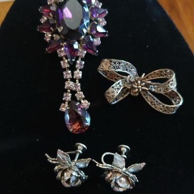 Vintage Amythyst rhinestone brooch -Filigree Sterling Silver Dainty Bow Brooch and a pair of vintage rose earrings