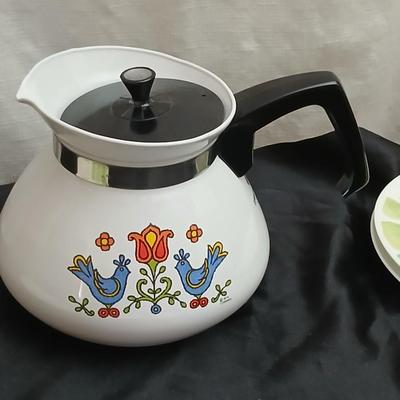 Vintage 1975 Corning Country Festival Blue Birds Coffee Tea Pot 6 Cups with platter, Mikasa dessert plates and mugs