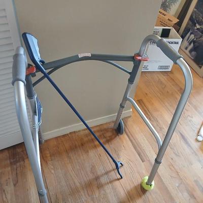 Drive steel folding mobility walker, two button with 5" wheels and a grabber stick