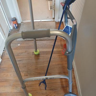 Drive steel folding mobility walker, two button with 5" wheels and a grabber stick