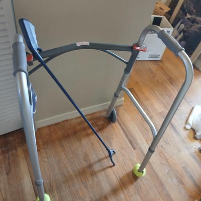 Drive steel folding mobility walker, two button with 5" wheels and a grabber stick