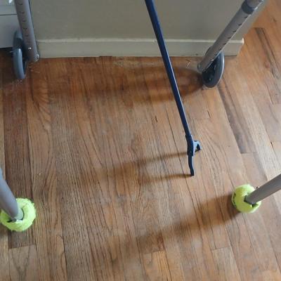 Drive steel folding mobility walker, two button with 5" wheels and a grabber stick