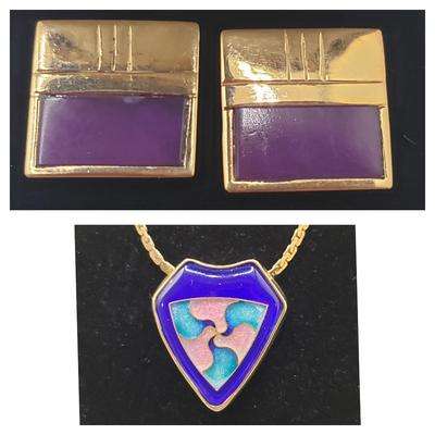 14K Gold Purple Post Earrings & Swirled Pendant/Necklace (ST-KD)