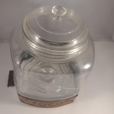 Vintage Curtiss Chicos Spanish Peanuts Store Display/Sales Glass Jar with Painted Metal Sleeve and Lid