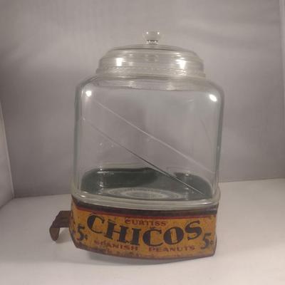 Vintage Curtiss Chicos Spanish Peanuts Store Display/Sales Glass Jar with Painted Metal Sleeve and Lid