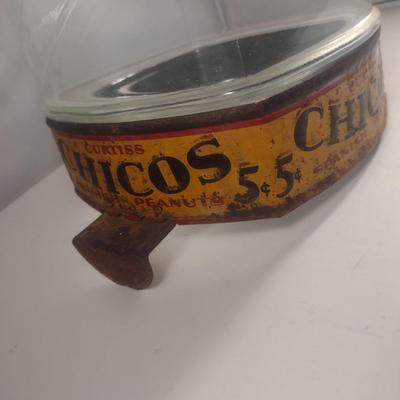 Vintage Curtiss Chicos Spanish Peanuts Store Display/Sales Glass Jar with Painted Metal Sleeve and Lid