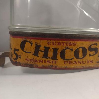 Vintage Curtiss Chicos Spanish Peanuts Store Display/Sales Glass Jar with Painted Metal Sleeve and Lid
