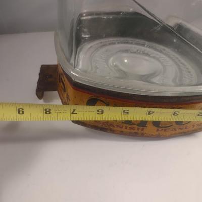Vintage Curtiss Chicos Spanish Peanuts Store Display/Sales Glass Jar with Painted Metal Sleeve and Lid
