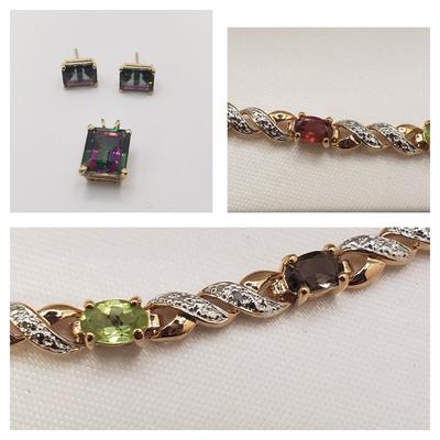 Three Identical 18K over Sterling Stone Bracelets & a Set of Earrings & Pendant (ST-KD)