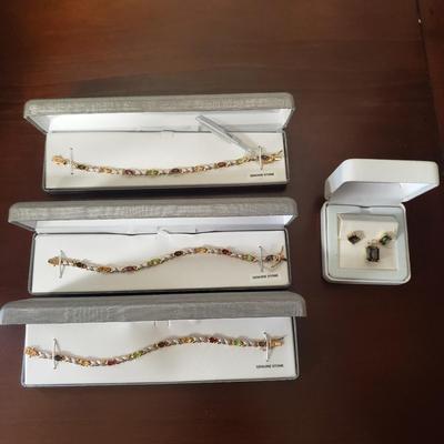 Three Identical 18K over Sterling Stone Bracelets & a Set of Earrings & Pendant (ST-KD)