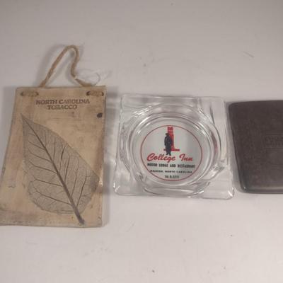 Collection of Tobacco Theme Items- Ashtray, Cigarette Case, Stamped Clay Home Decor