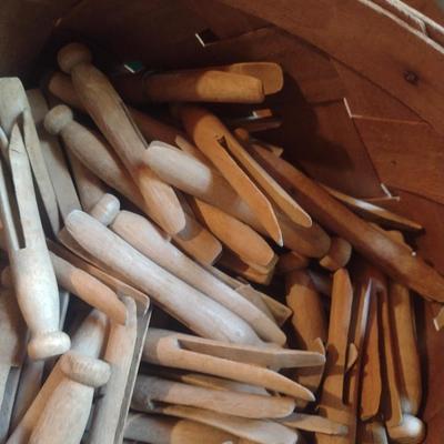 Basket of Vintage Wooden Clothes Pins