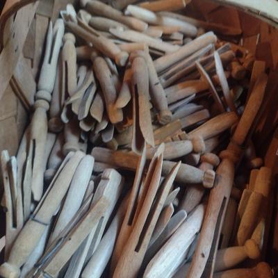 Basket of Vintage Wooden Clothes Pins
