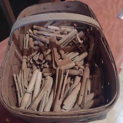 Basket of Vintage Wooden Clothes Pins