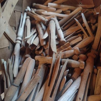 Basket of Vintage Wooden Clothes Pins