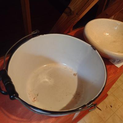 Pottery Basin and Enameled Chamber Pot