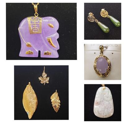 Carved Stone and Gold Leaf Pendants w/ 10K & 14K (ST-KD)