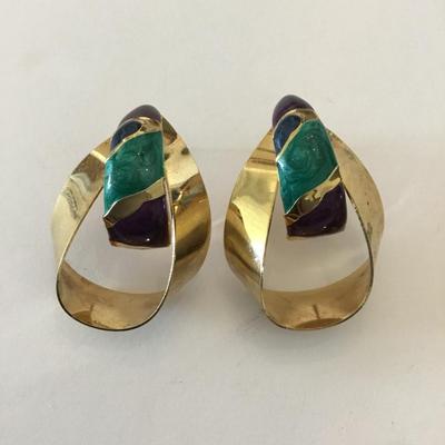 Vintage gold toned enamel statement earrings 80s
