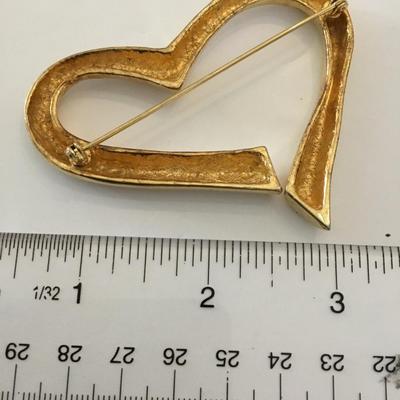 Large, vintage heart gold tone brooch