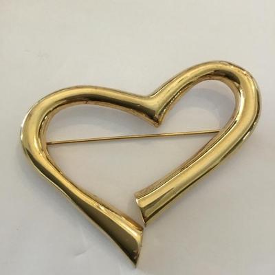 Large, vintage heart gold tone brooch