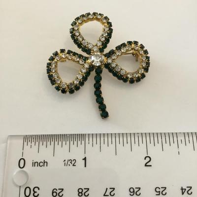 Victorian trading co Dk Emerald, crystal rhinestone, three leaf clover, brooch/pin