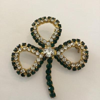 Victorian trading co Dk Emerald, crystal rhinestone, three leaf clover, brooch/pin