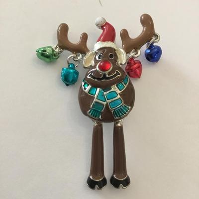 Cute enamel Christmas moose, articulating, brooch/pin