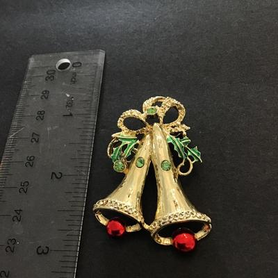 Gold tone vintage Christmas bell brooch pin