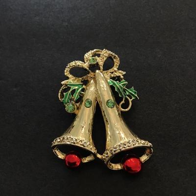 Gold tone vintage Christmas bell brooch pin