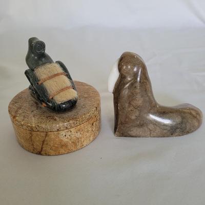 Carved Stone Walrus plus Carved Trinket Box by DIMU (D-EL)
