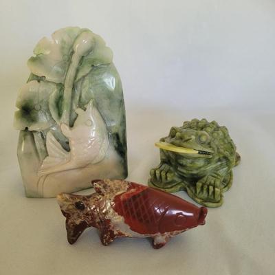 Carved Jade Money Frog & Fish Statuettes (D-EL)