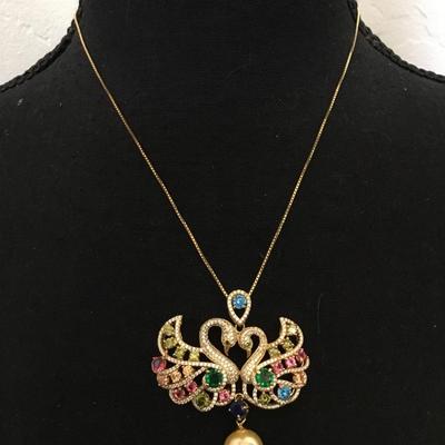 Beautiful vintage, multicolor, gemstone, swan pendant necklace