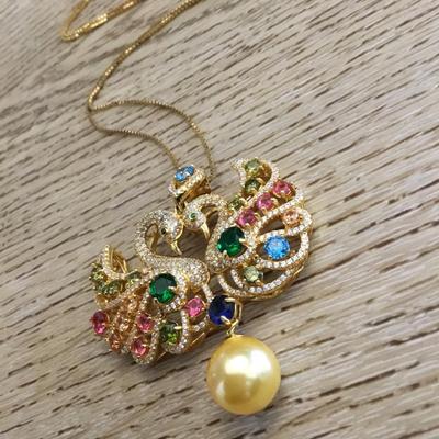 Beautiful vintage, multicolor, gemstone, swan pendant necklace