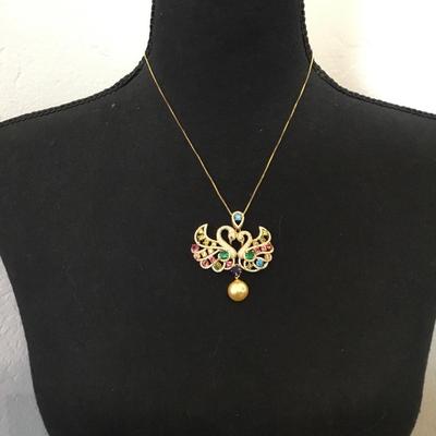 Beautiful vintage, multicolor, gemstone, swan pendant necklace