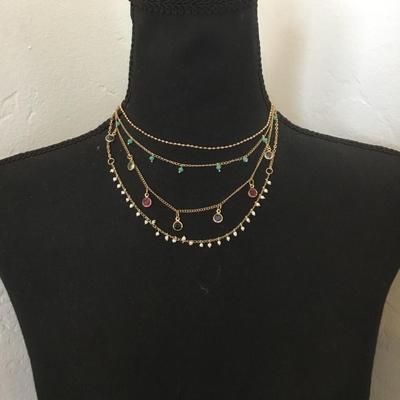 Beautiful, gold tone, multicolored BoHo style multi strand, layered necklace