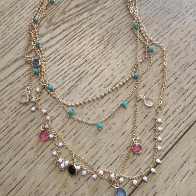 Beautiful, gold tone, multicolored BoHo style multi strand, layered necklace