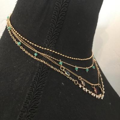 Beautiful, gold tone, multicolored BoHo style multi strand, layered necklace