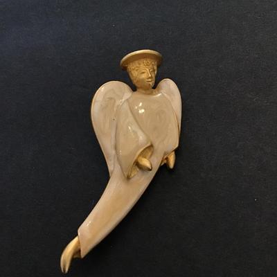 Gold tone enamel angel brooch