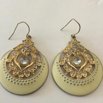 Vintage metal, gold tone, cream enamel statement earrings