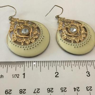 Vintage metal, gold tone, cream enamel statement earrings