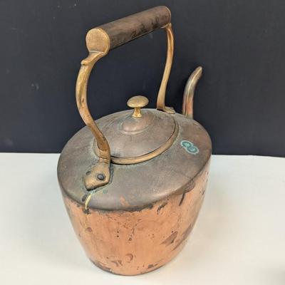 Sale Photo Thumbnail #1788: Primitive American Handmade Copper Tea Kettle With Lid 12"