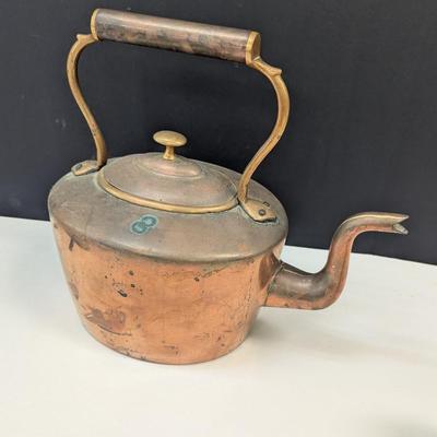 Sale Photo Thumbnail #1789: Primitive American Handmade Copper Tea Kettle With Lid 12"
