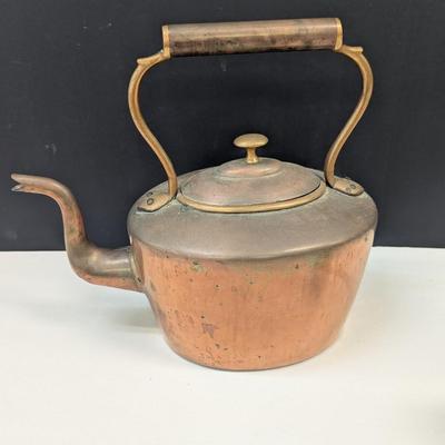 Sale Photo Thumbnail #1787: Primitive American Handmade Copper Tea Kettle With Lid 12"