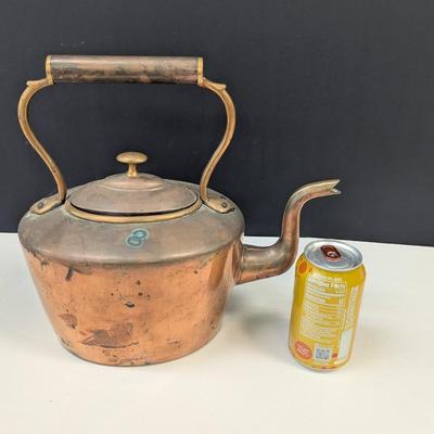 Sale Photo Thumbnail #1792: Primitive American Handmade Copper Tea Kettle With Lid 12"