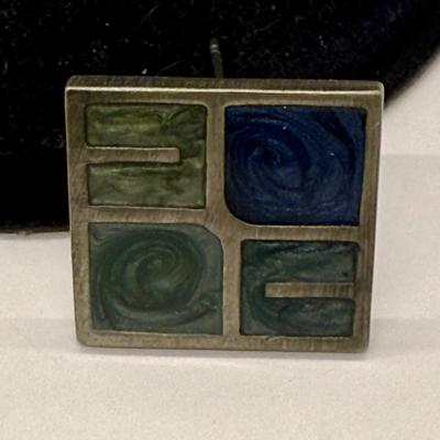 Sale Photo Thumbnail #292: Silvertone "panes" holding green and blue chips, sort of like miniature stained glass windows. For pierced ears. Good condition.