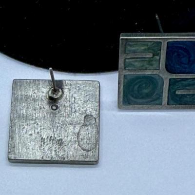 Sale Photo Thumbnail #294: Silvertone "panes" holding green and blue chips, sort of like miniature stained glass windows. For pierced ears. Good condition.