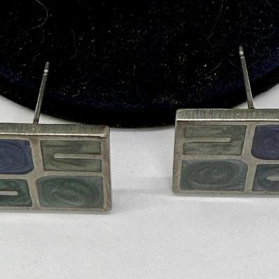 Sale Photo Thumbnail #291: Silvertone "panes" holding green and blue chips, sort of like miniature stained glass windows. For pierced ears. Good condition.